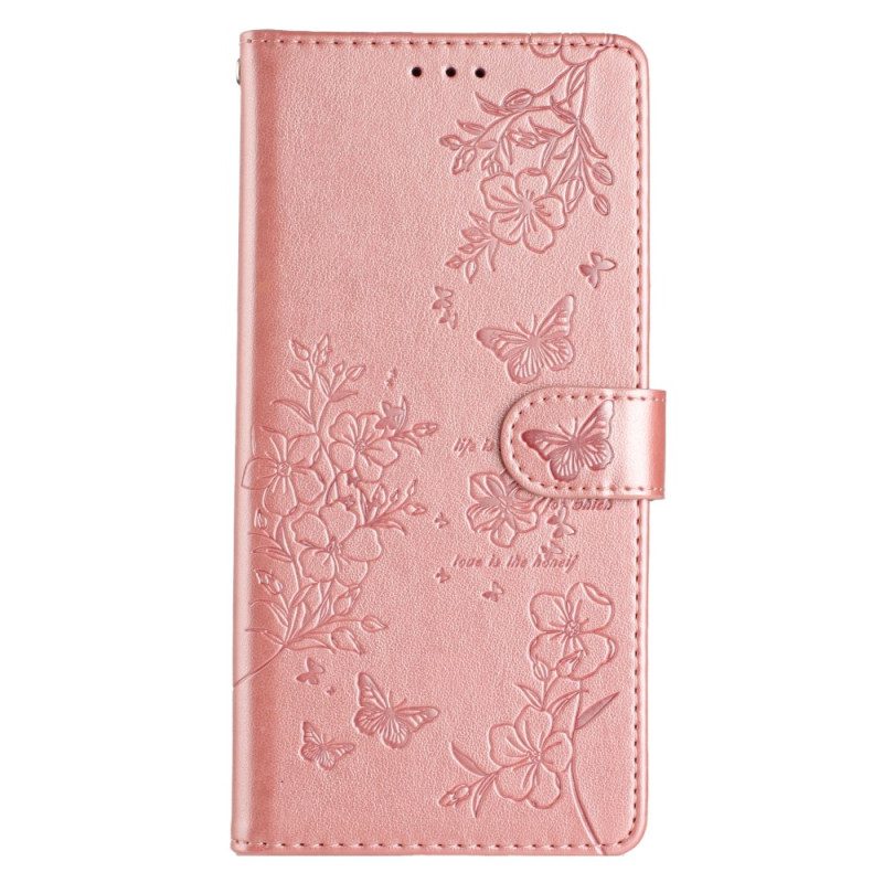 Leren Hoesje iPhone 16 Pro Max Bloemen En Vlinders Bescherming Hoesje