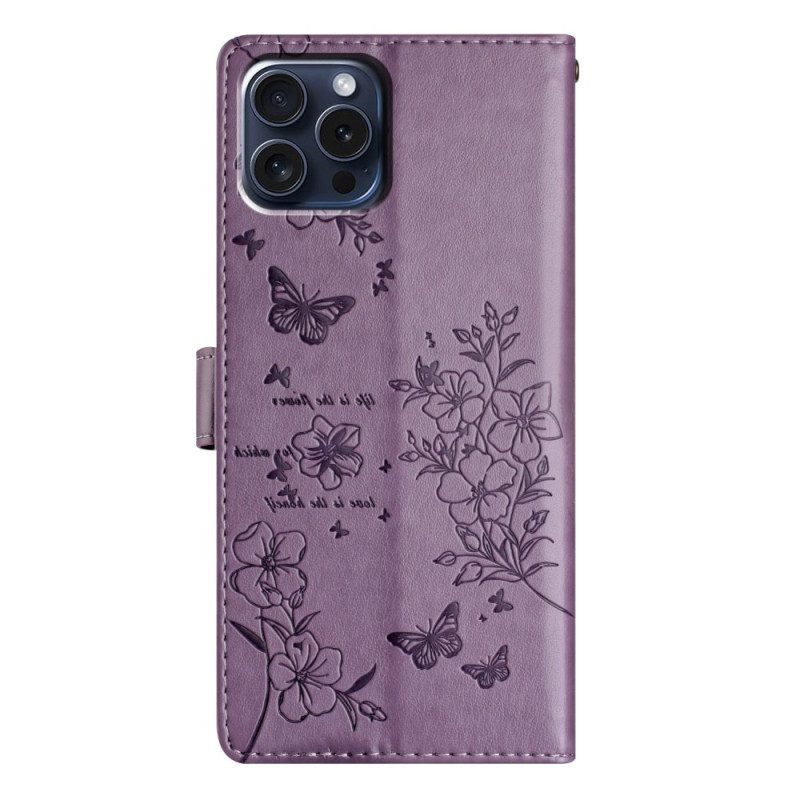 Leren Hoesje iPhone 16 Pro Max Bloemen En Vlinders Bescherming Hoesje