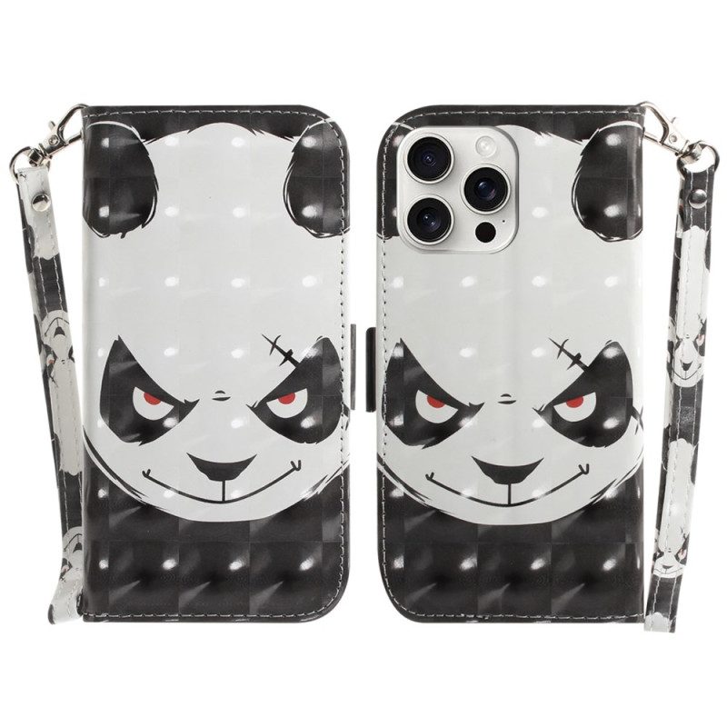 Leren Hoesje iPhone 16 Pro Max Boze Panda Met Riem Bescherming Hoesje