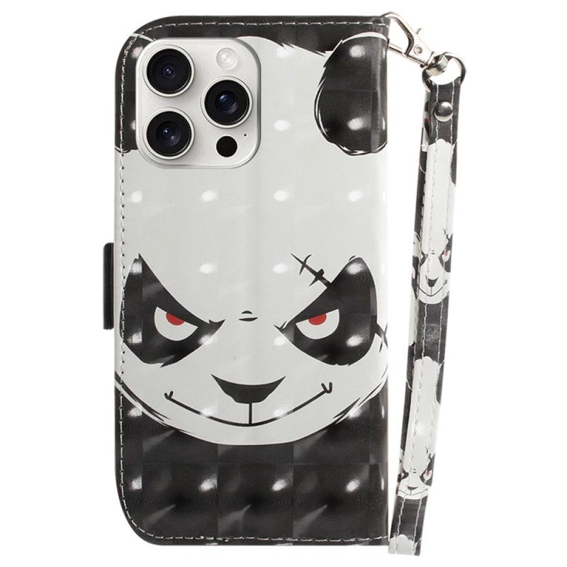 Leren Hoesje iPhone 16 Pro Max Boze Panda Met Riem Bescherming Hoesje