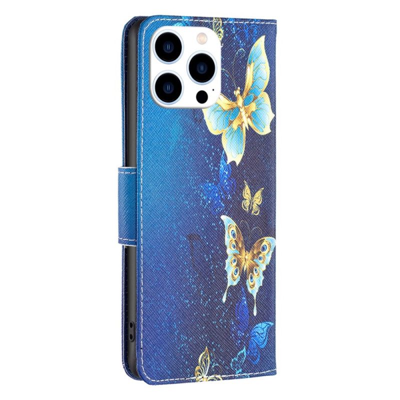 Leren Hoesje iPhone 16 Pro Max Gouden Vlinders Bescherming Hoesje