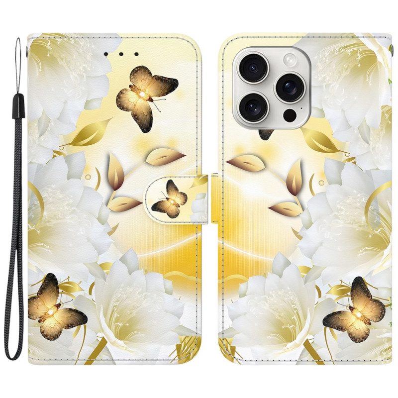 Leren Hoesje iPhone 16 Pro Max Gouden Vlinders En Bloemen Met Riempje Bescherming Hoesje