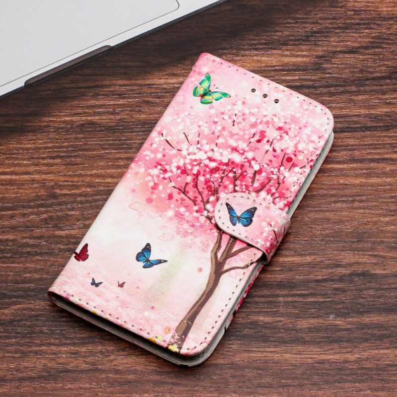 Leren Hoesje iPhone 16 Pro Max Kersenbloesemboom Met Riem Bescherming Hoesje