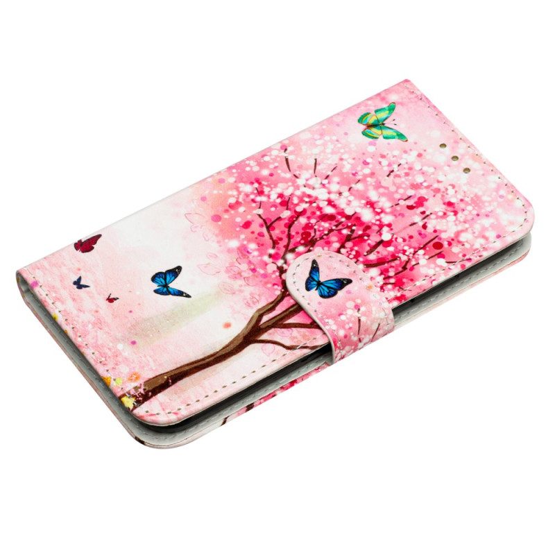 Leren Hoesje iPhone 16 Pro Max Kersenbloesemboom Met Riem Bescherming Hoesje