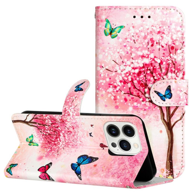 Leren Hoesje iPhone 16 Pro Max Kersenbloesemboom Met Riem Bescherming Hoesje