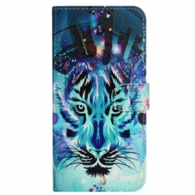 Leren Hoesje iPhone 16 Pro Max Kleurrijke Wolf Met Riem