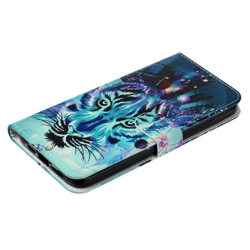 Leren Hoesje iPhone 16 Pro Max Kleurrijke Wolf Met Riem