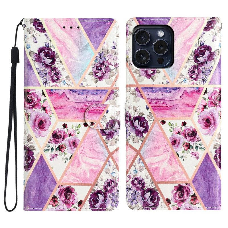 Leren Hoesje iPhone 16 Pro Max Paarse Bloemen Met Riempje Bescherming Hoesje