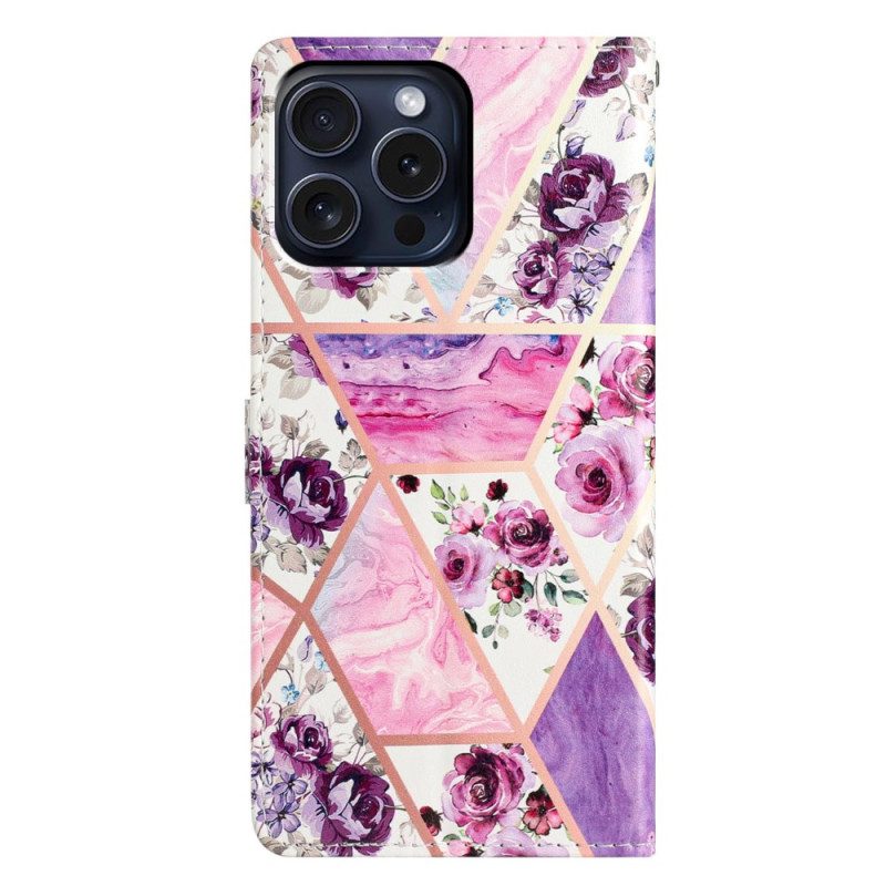 Leren Hoesje iPhone 16 Pro Max Paarse Bloemen Met Riempje Bescherming Hoesje