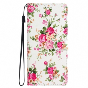 Leren Hoesje iPhone 16 Pro Max Rode Bloemen Met Riem Bescherming Hoesje