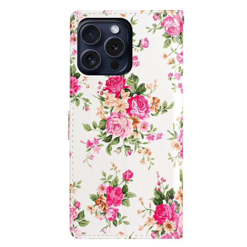 Leren Hoesje iPhone 16 Pro Max Rode Bloemen Met Riem Bescherming Hoesje