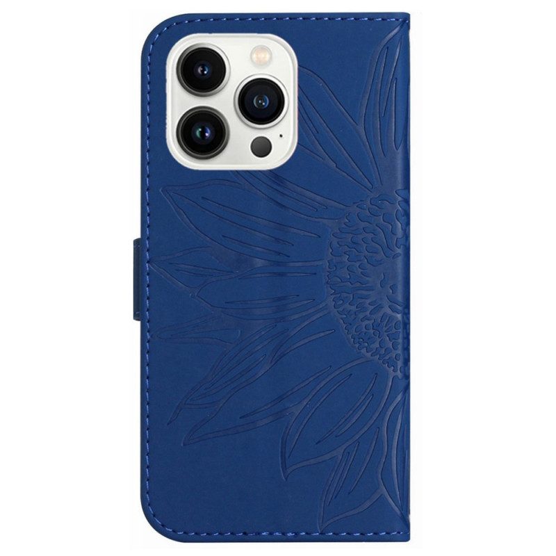 Leren Hoesje iPhone 16 Pro Max Schouderriem Met Zonnebloemprint