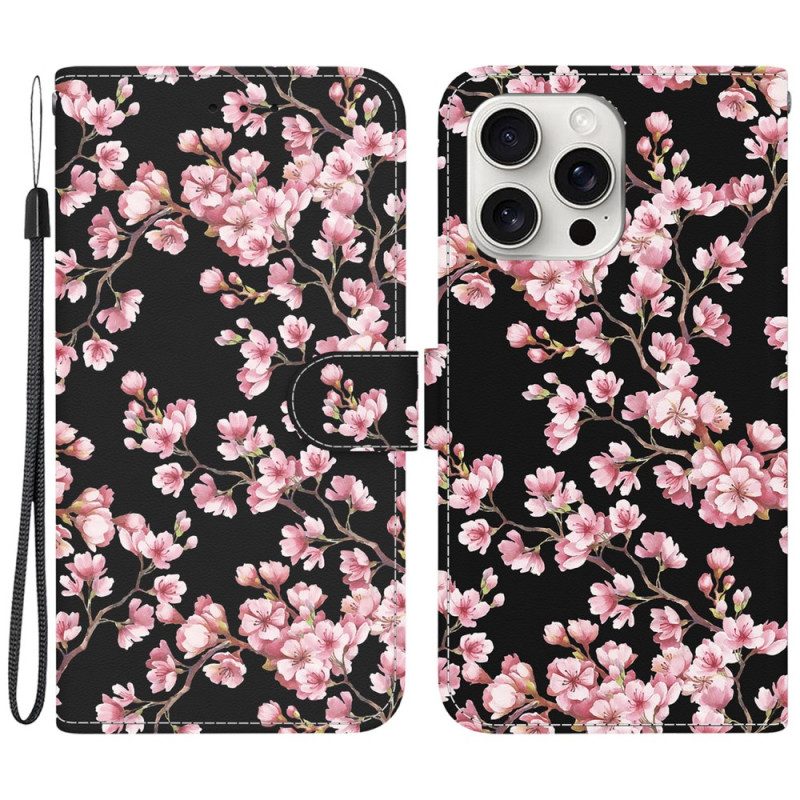 Leren Hoesje iPhone 16 Pro Max Vastgebonden Pruimenbloesems Bescherming Hoesje