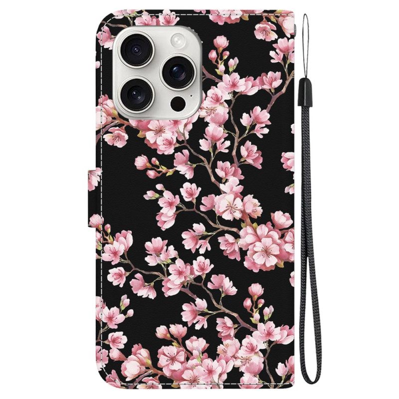 Leren Hoesje iPhone 16 Pro Max Vastgebonden Pruimenbloesems Bescherming Hoesje