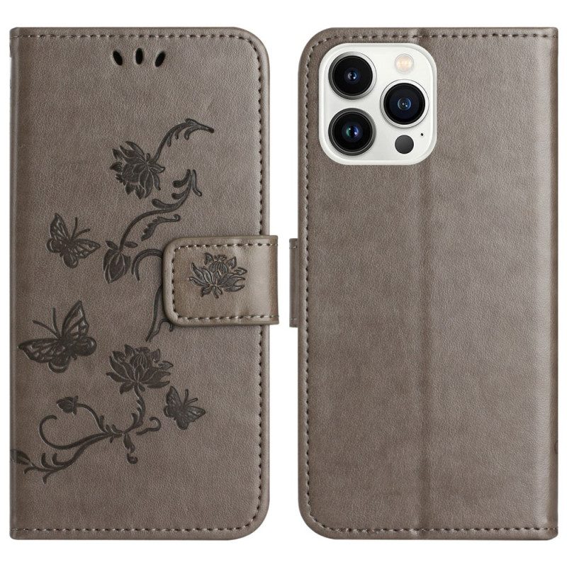 Leren Hoesje iPhone 16 Pro Max Vlinders En Bloemen Bescherming Hoesje