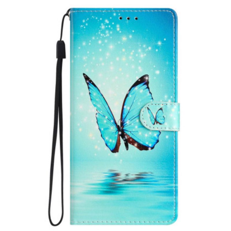 Leren Hoesje Voor iPhone 16 Pro Max Blauwe Vlinder Op Water Met Riem