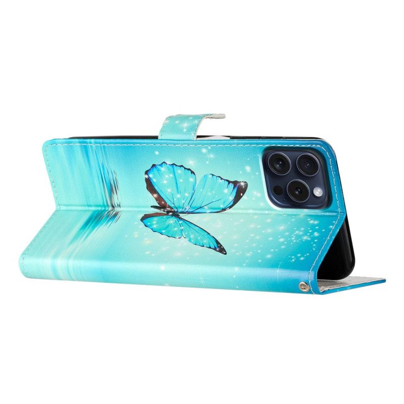 Leren Hoesje Voor iPhone 16 Pro Max Blauwe Vlinder Op Water Met Riem