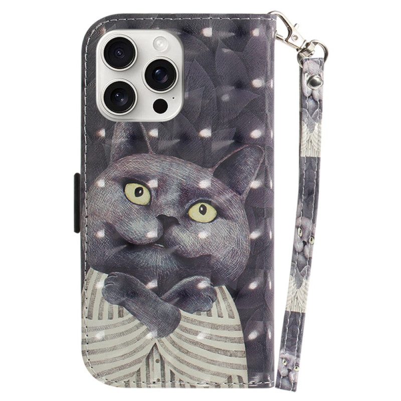 Leren Hoesje Voor iPhone 16 Pro Max Grijze Kat Met Riem