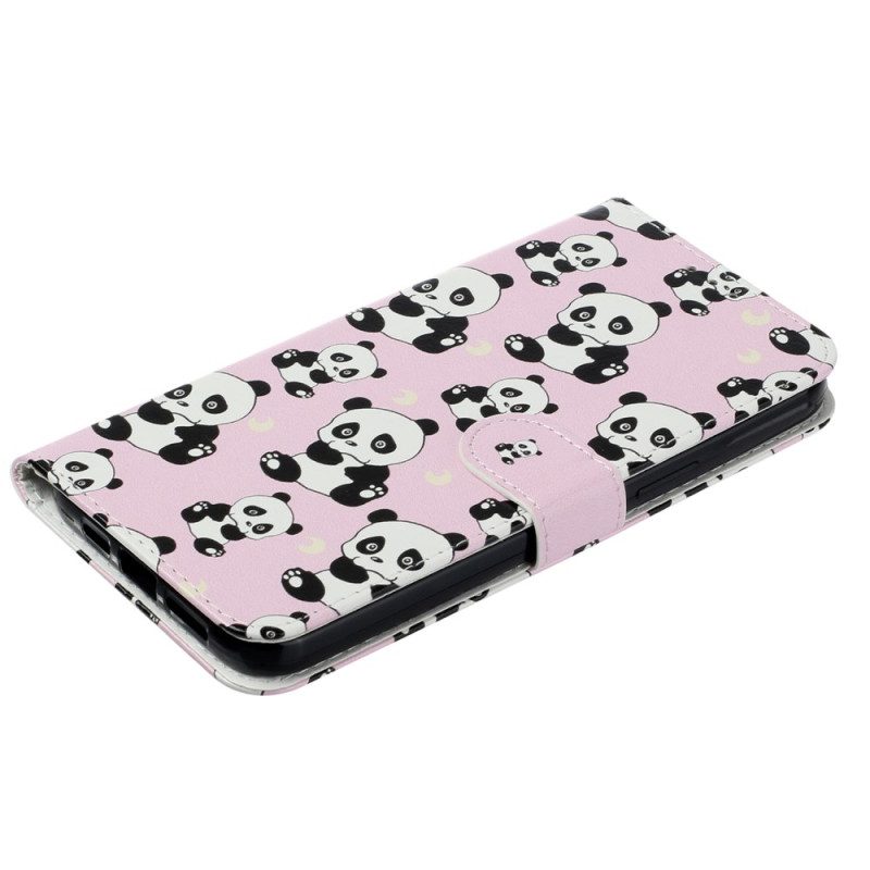 Leren Hoesje Voor iPhone 16 Pro Max Kleine Panda's Met Riem