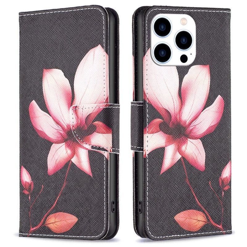 Leren Hoesje Voor iPhone 16 Pro Max Roze Bloem Met Zwarte Achtergrond