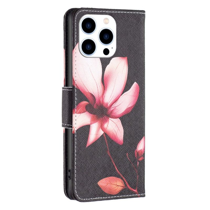 Leren Hoesje Voor iPhone 16 Pro Max Roze Bloem Met Zwarte Achtergrond