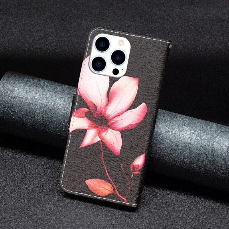 Leren Hoesje Voor iPhone 16 Pro Max Roze Bloem Met Zwarte Achtergrond