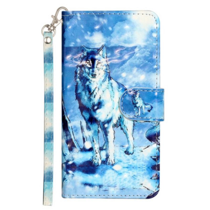 Leren Hoesje Voor iPhone 16 Pro Max Sneeuwwolf Met Riem