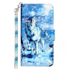 Leren Hoesje Voor iPhone 16 Pro Max Sneeuwwolf Met Riem