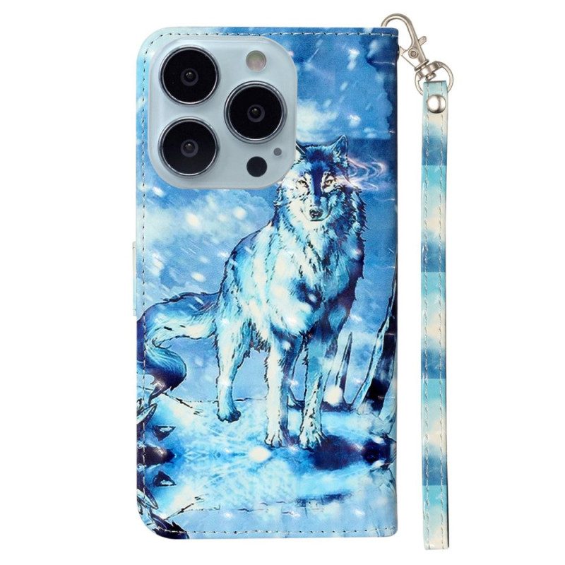 Leren Hoesje Voor iPhone 16 Pro Max Sneeuwwolf Met Riem