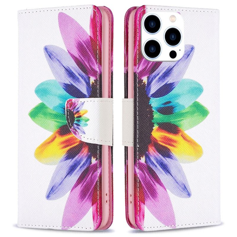 Leren Hoesje Voor iPhone 16 Pro Max Waterverfbloem