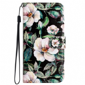 Leren Hoesje Voor iPhone 16 Pro Max Witte Magnolia's Met Riem