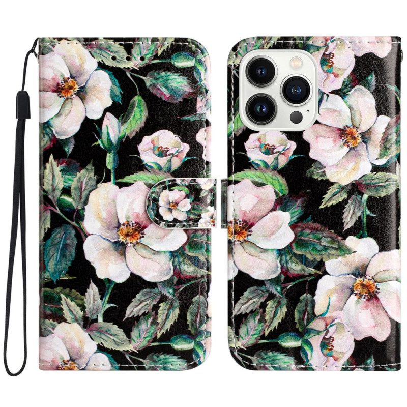 Leren Hoesje Voor iPhone 16 Pro Max Witte Magnolia's Met Riem