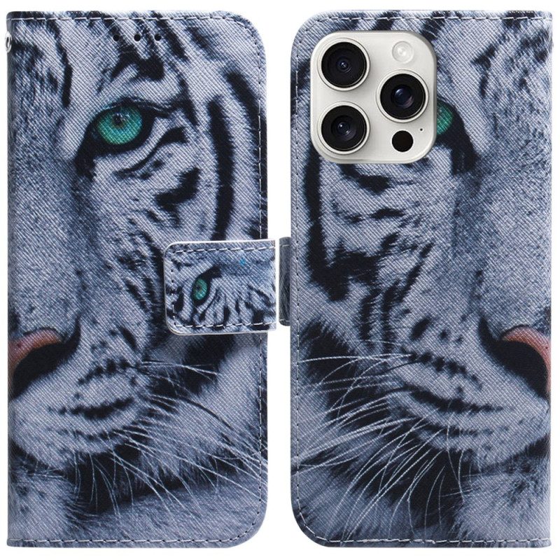 Leren Hoesje Voor iPhone 16 Pro Max Witte Tijger