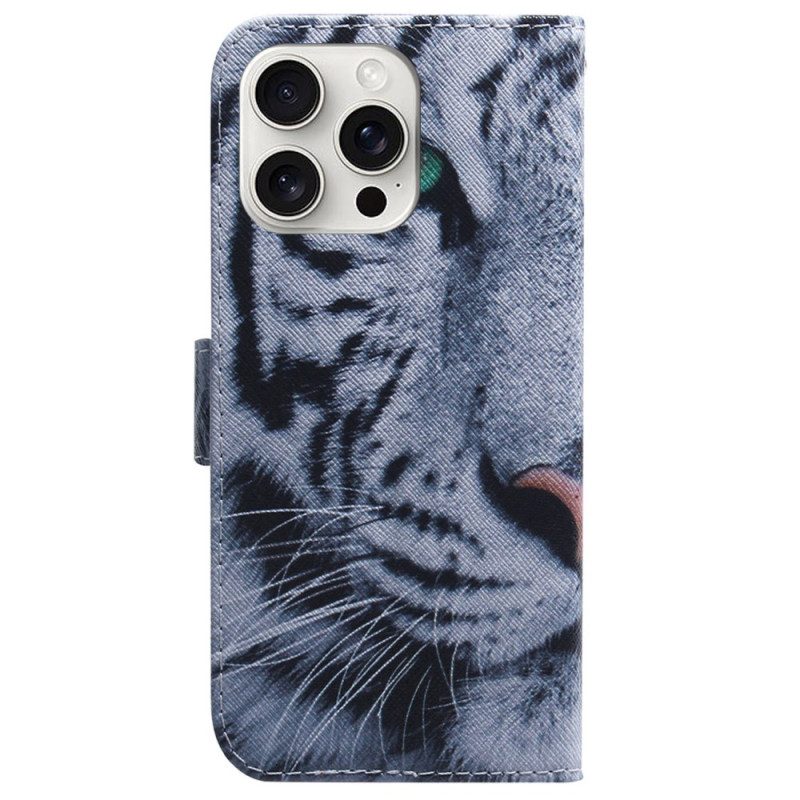 Leren Hoesje Voor iPhone 16 Pro Max Witte Tijger