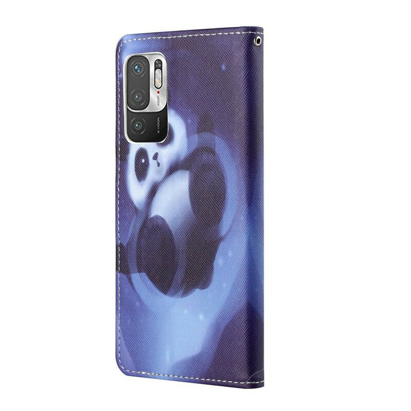 Leren Hoesje voor Xiaomi Redmi Note 10 5G Met Ketting Panda Space Met Sleutelkoord