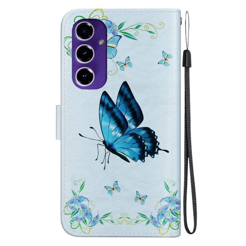 Leren Hoesje Samsung Galaxy A16 5g Blauwe Vlinder En Bloemen Bescherming Hoesje