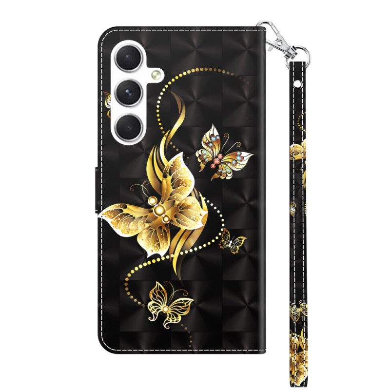 Leren Hoesje Samsung Galaxy A16 5g Gouden Vlinders Met Riem Bescherming Hoesje