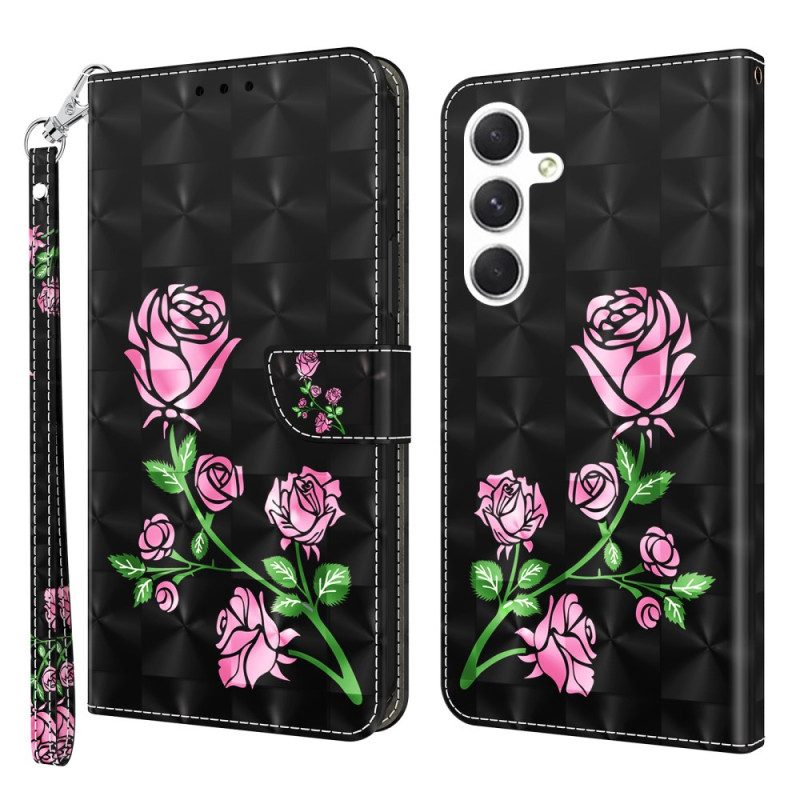 Leren Hoesje Samsung Galaxy A16 5g Roze Bloemen Met Riem Bescherming Hoesje