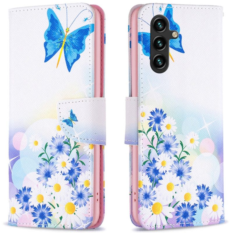 Leren Hoesje Samsung Galaxy A16 5g Vlinder En Bloemen Aquarel Bescherming Hoesje