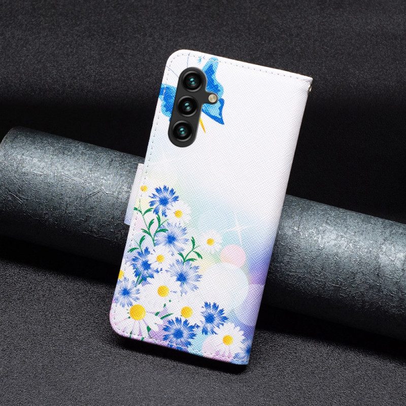 Leren Hoesje Samsung Galaxy A16 5g Vlinder En Bloemen Aquarel Bescherming Hoesje