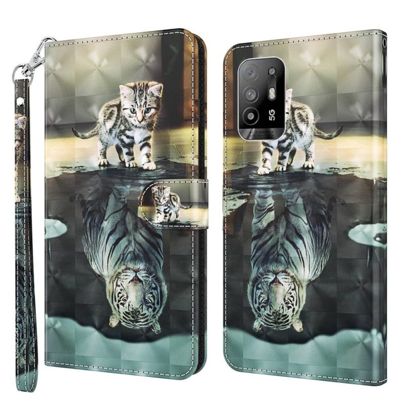 Flip Case voor Oppo A94 5G Kat En Tijger Met Lanyard