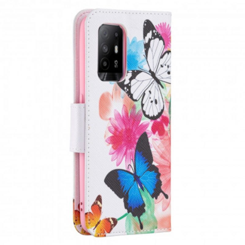 Folio-hoesje voor Oppo A94 5G Geschilderde Vlinders En Bloemen