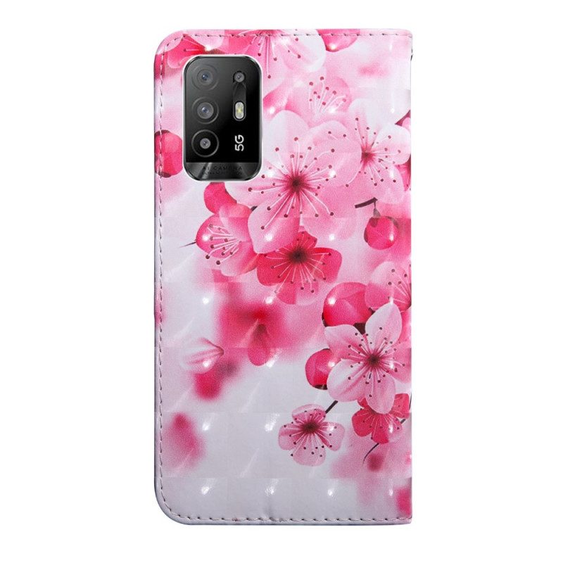 Folio-hoesje voor Oppo A94 5G Roze Bloemen Met Koord