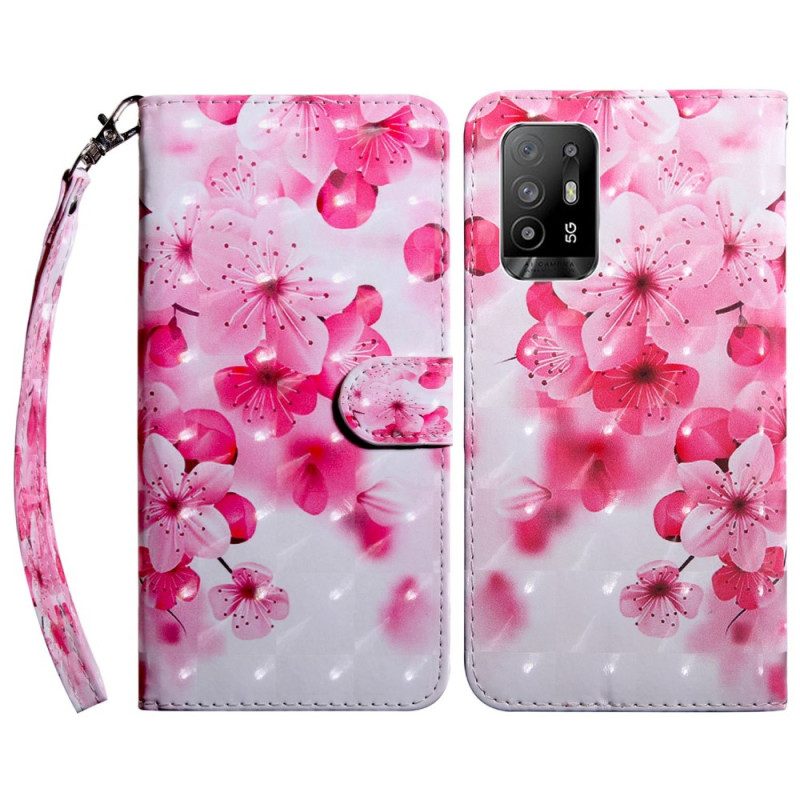 Folio-hoesje voor Oppo A94 5G Roze Bloemen Met Koord