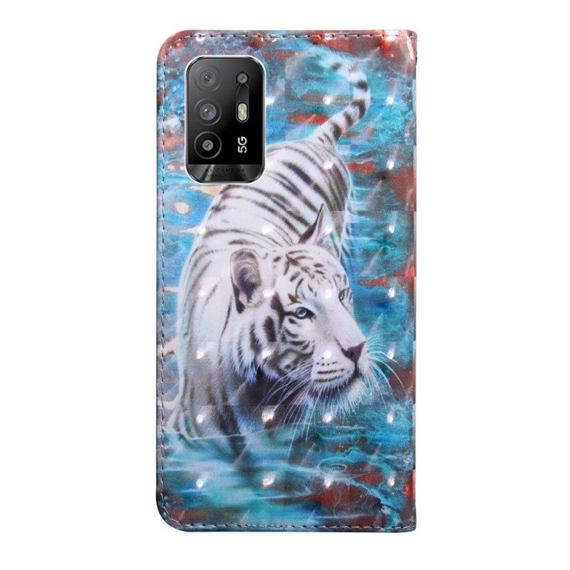 Folio-hoesje voor Oppo A94 5G Tijger Kunstleer Met Lanyard