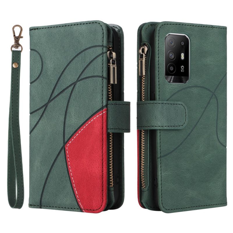 Folio-hoesje voor Oppo A94 5G Tweekleurige Portemonnee Met Lanyard