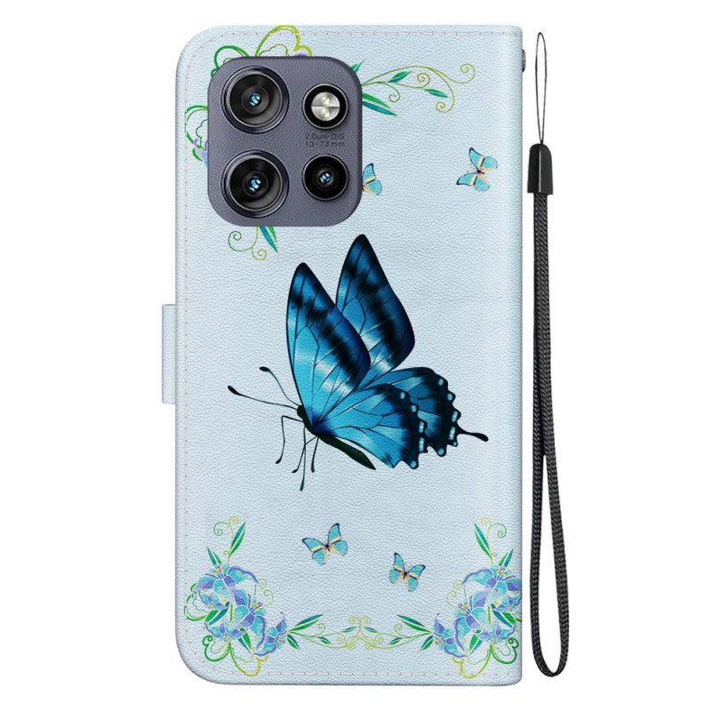 Flip Case Leren Motorola Edge 50 Neo Blauwe Vlinder En Bloemen