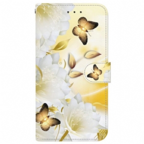 Folio-hoesje Samsung Galaxy S24 Fe Telefoonhoesje Gouden Vlinders En Witte Bloemen