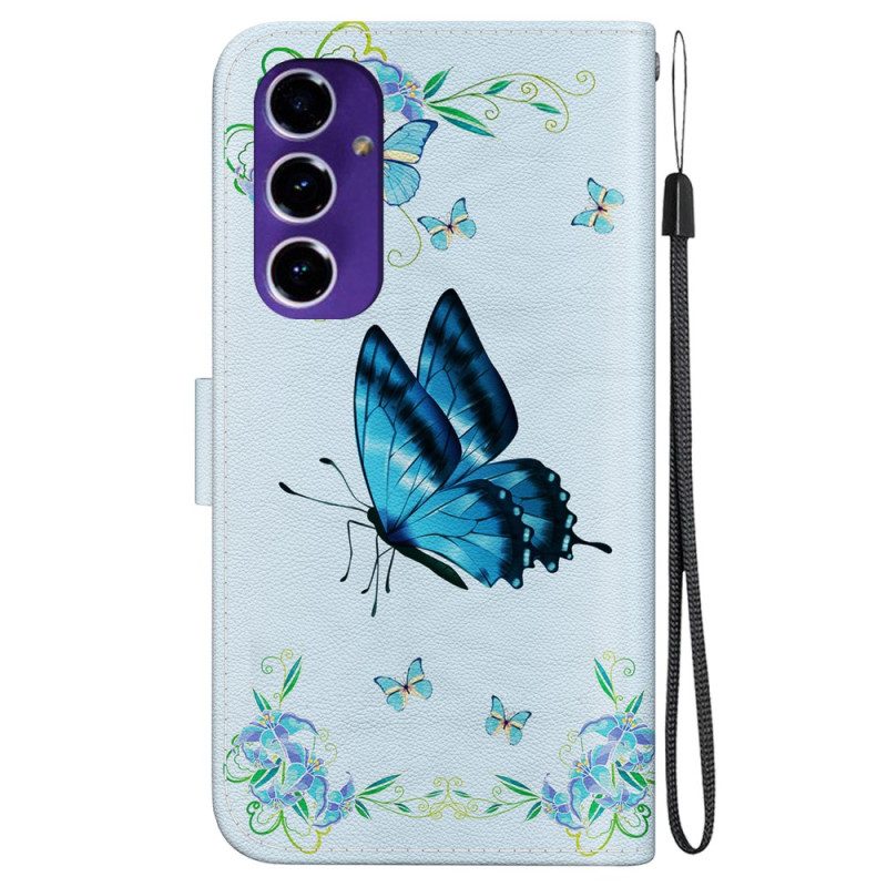 Leren Hoesje Samsung Galaxy S24 Fe Blauwe Vlinder En Bloemen Met Riempje Bescherming Hoesje