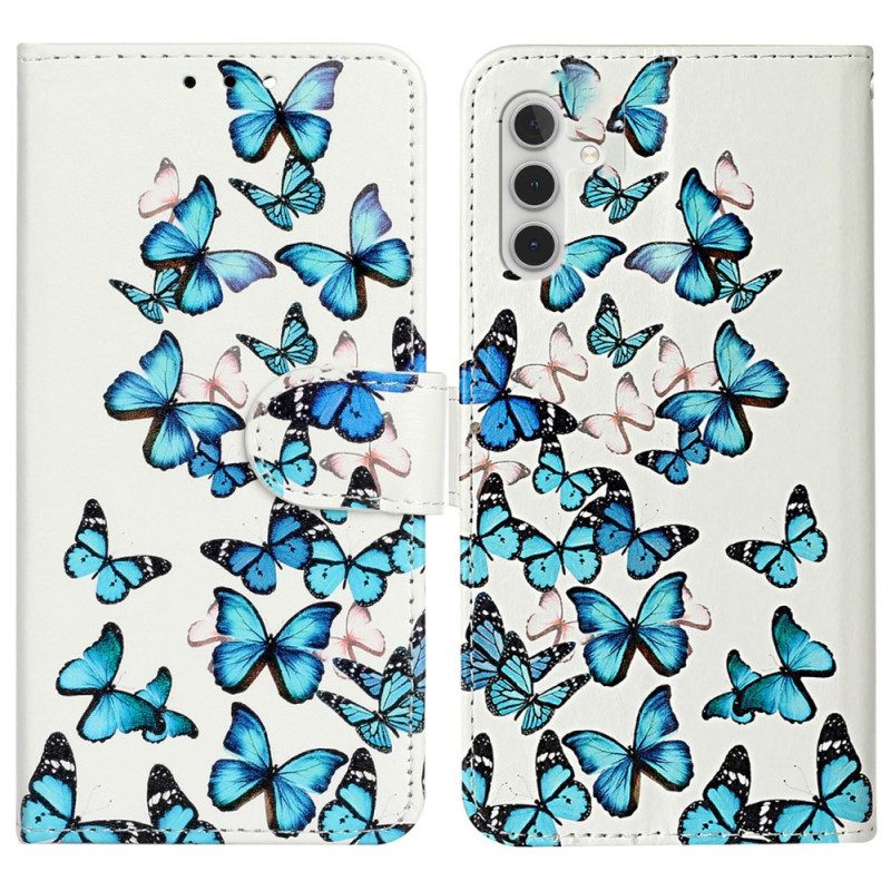 Leren Hoesje Samsung Galaxy S24 Fe Blauwe Vlinders Tijdens De Vlucht